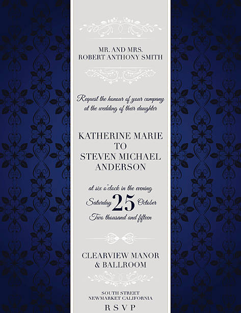 Elegant damask Wedding Invitation Template Elegant damask event invitation template. Four layers for easier editing. Floral lace pattern in background with a curved frame on left side for text. Design is horizontally oriented. Silver and Blue black tie events stock illustrations