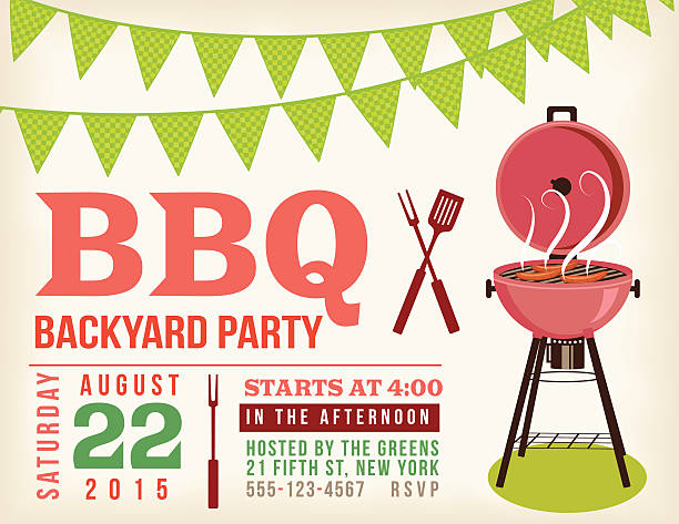 Retro BBQ Invitation Template With Checkered Flags Retro like design of a barbecue Invitation Template With Checkered Flags. Date of the event is in a 50s style of displaying it, lettering in red, day in the month is in green. right side is the event location and time of happening, in red lettering.  family reunion stock illustrations