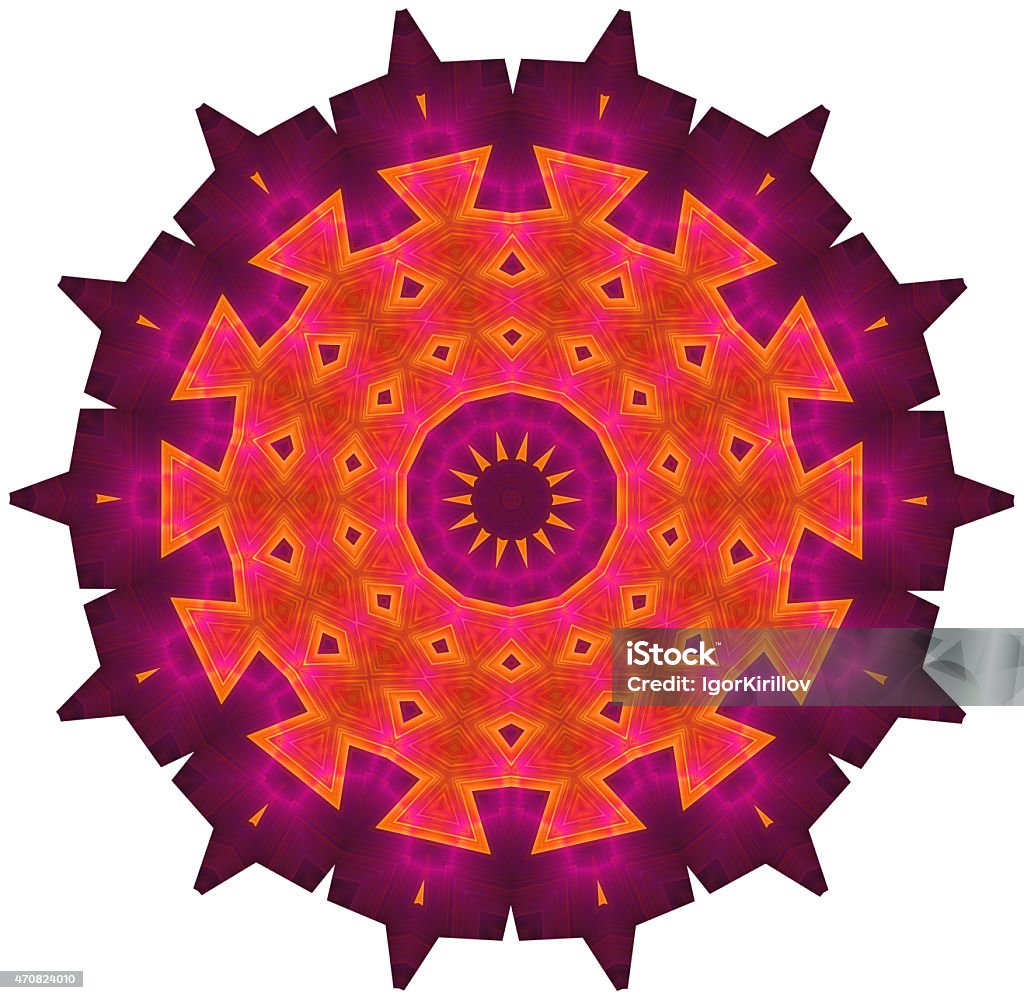 Geometric Decorative Ornament Multi colored ornamental pattern in spiked round shape. Image shows rich purple, magenta and orange colors. Image contains a lot of details even at full zoom. 2015 Stock Photo