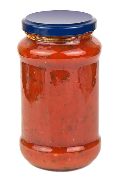 토마토색 sause 만들진 용기 - tomato sauce jar 뉴스 사진 이미지