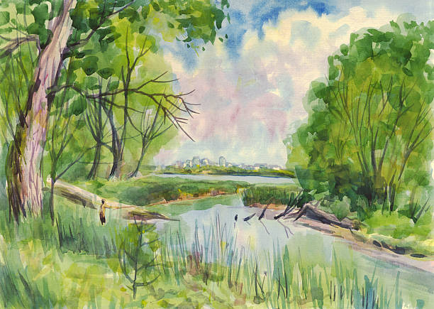 istock Summer landscape with fisherman, with trees on the lake shore 470827530