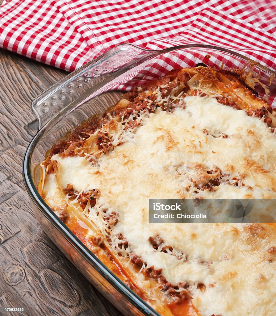 Delisious homemade lasagna Hot baked lasagna in glass baking dish close-up Baked Stock Photo