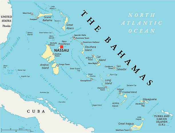 The Bahamas Political Map The Bahamas Political Map with capital Nassau, important cities and places. English labeling and scaling. Illustration. exuma stock illustrations
