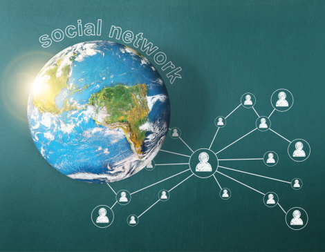 social network and globe on Blackboard background 