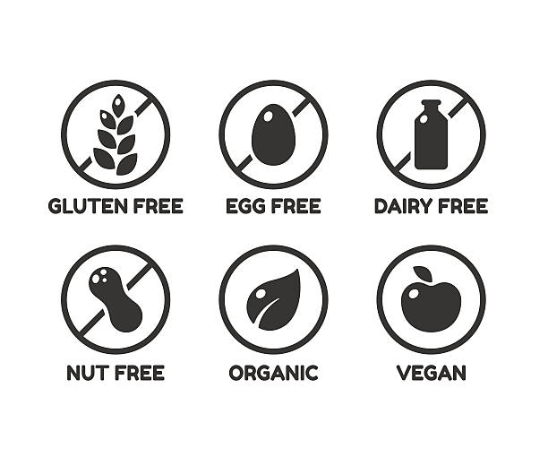 Food ingredient labels Set of icons illustrating absence of common food allergens (gluten, dairy, egg, nuts) plus vegan and organic signs. food allergies stock illustrations