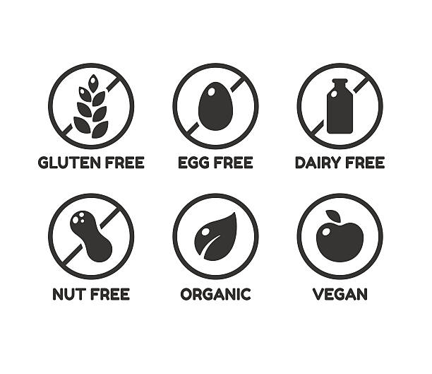 Food ingredient labels Set of icons illustrating absence of common food allergens (gluten, dairy, egg, nuts) plus vegan and organic signs. nutrition label stock illustrations