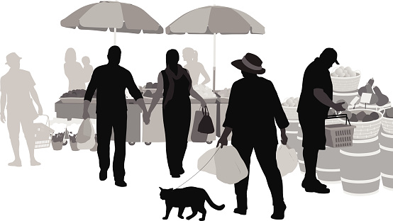 Silhouette people are shopping for fresh produce at an outdoor market.  This black and white vector illustration contains elements in shades of grey and depicts a lively scene at the local farmer's market.