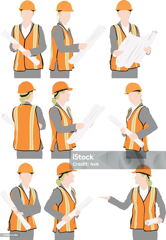 Female architect in various poses Female architect in various poseshttp://www.twodozendesign.info/i/1.png Hardhat stock vector