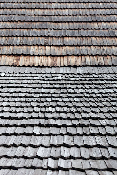 istock Old wooden shingle roof 470843202