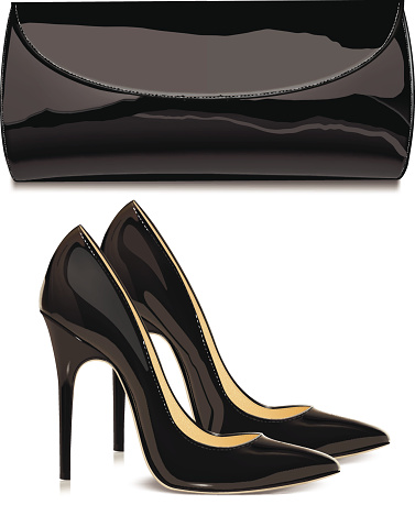 Pair of black patent leather female high-heeled shoes and  mini bag. Vector illustration