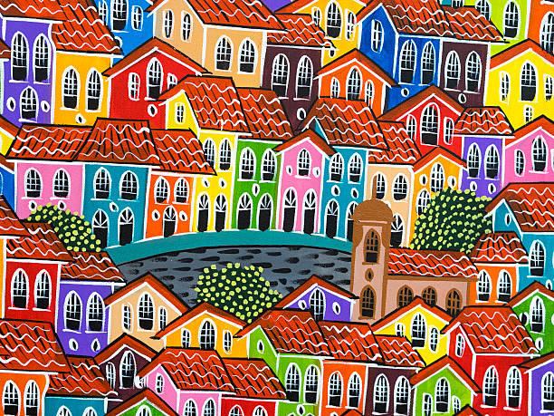 painting of colorful pelourinho historic centre in salvador, bahia, brazil - brezilya illüstrasyonlar stok fotoğraflar ve resimler