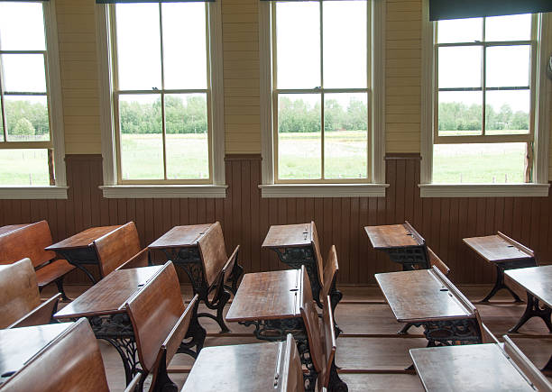 istock Vintage one room schoolhouse classroom with student desks. 470853072