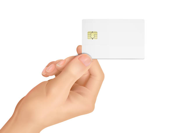 3d hand holding a blank chip card 3d hand holding a blank chip card over white background hand holding phone white background stock illustrations
