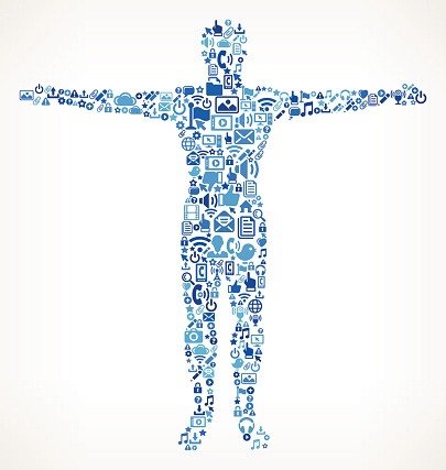 Male Body with Hands Out on vector technology pattern Background. The pattern features blue royalty free vector icons on white background. This vector collage features cloud computing, email, globe, microphone, world map, shopping cart, laptop, computer mouse, screen, smart phone, e-commerce, printer and internet and technology icons.