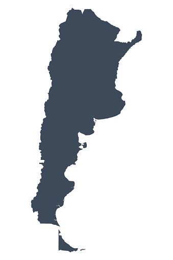 A graphic illustrated vector image showing the outline of the country Argentina. The outline of the country is filled with a dark navy blue colour and is on a plain white background. The border of the country is a detailed path. 