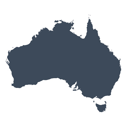 A graphic illustrated vector image showing the outline of the country australia. The outline of the country is filled with a dark navy blue colour and is on a plain white background. The border of the country is a detailed path. 