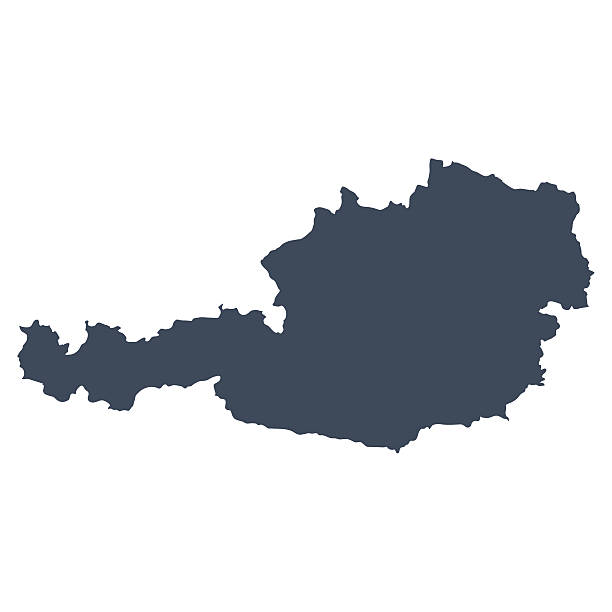 A graphic illustrated vector image showing the outline of the country Austria. The outline of the country is filled with a dark navy blue colour and is on a plain white background. The border of the country is a detailed path. 