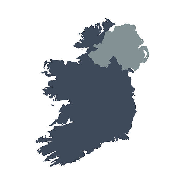 A graphic illustrated vector image showing the outline of the country ireland. The outline of the country is filled with a dark navy blue colour and is on a plain white background. The border of the country is a detailed path.