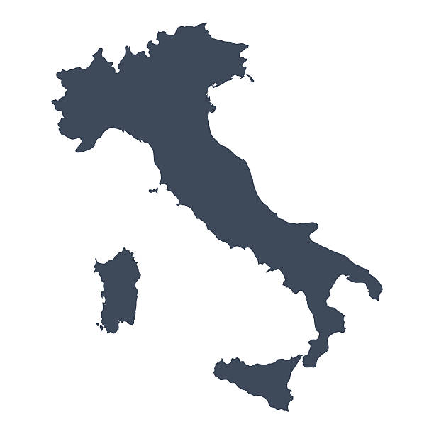 A graphic illustrated vector image showing the outline of the country Italy. The outline of the country is filled with a dark navy blue colour and is on a plain white background. The border of the country is a detailed path. 