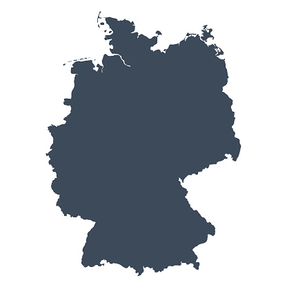 A graphic illustrated vector image showing the outline of the country Germany. The outline of the country is filled with a dark navy blue colour and is on a plain white background. The border of the country is a detailed path. 