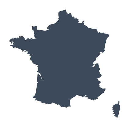A graphic illustrated vector image showing the outline of the country france. The outline of the country is filled with a dark navy blue colour and is on a plain white background. The border of the country is a detailed path. 