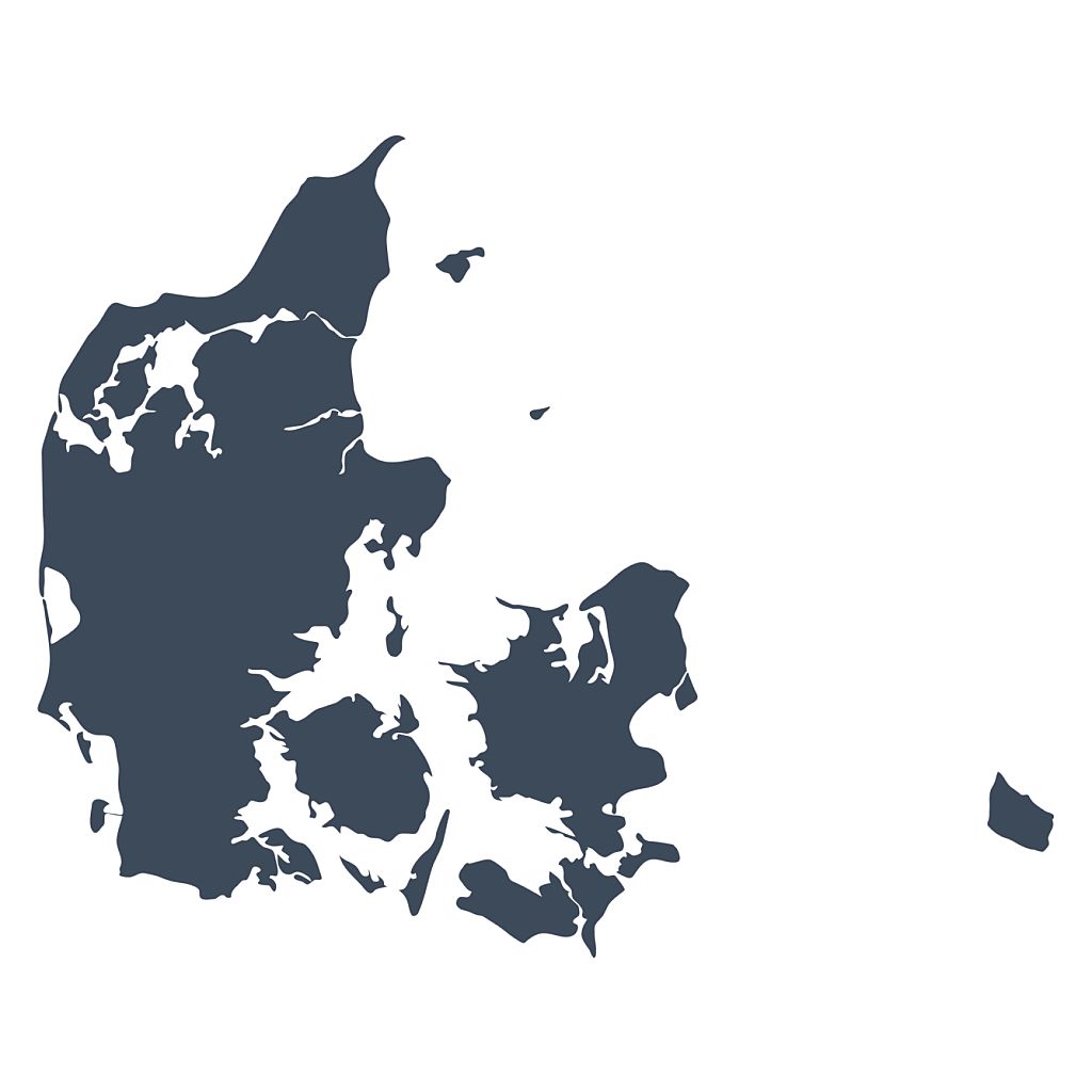 A graphic illustrated vector image showing the outline of the country denmark,. The outline of the country is filled with a dark navy blue colour and is on a plain white background. The border of the country is a detailed path. 