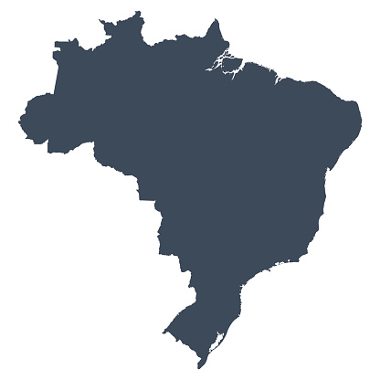 A graphic illustrated vector image showing the outline of the country brazil. The outline of the country is filled with a dark navy blue colour and is on a plain white background. The border of the country is a detailed path. 