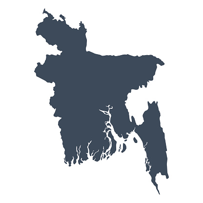 A graphic illustrated vector image showing the outline of the country Bangladesh. The outline of the country is filled with a dark navy blue colour and is on a plain white background. The border of the country is a detailed path. 
