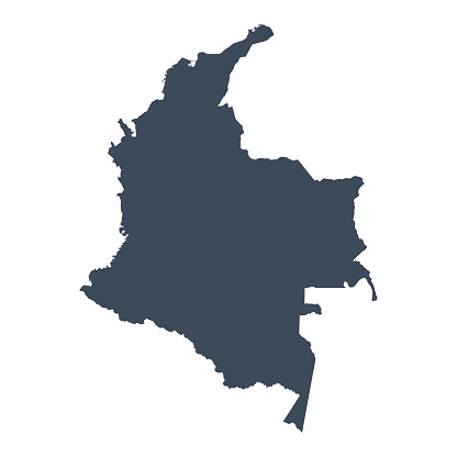 A graphic illustrated vector image showing the outline of the country Colombia. The outline of the country is filled with a dark navy blue colour and is on a plain white background. The border of the country is a detailed path. 