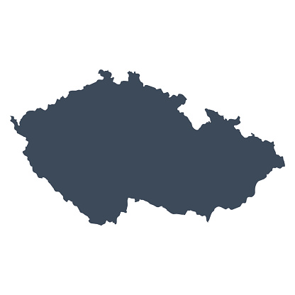 A graphic illustrated vector image showing the outline of the country Czech Republic. The outline of the country is filled with a dark navy blue colour and is on a plain white background. The border of the country is a detailed path. 