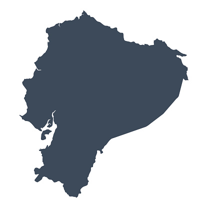 A graphic illustrated vector image showing the outline of the country Ecuador. The outline of the country is filled with a dark navy blue colour and is on a plain white background. The border of the country is a detailed path. 