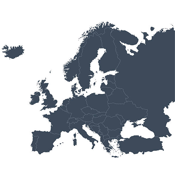 A graphic illustrated vector image showing the outline of the Europe. The outline of the country is filled with a dark navy blue colour and is on a plain white background. The border of the country is a detailed path. 