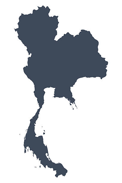 A graphic illustrated vector image showing the outline of the country Thailand. The outline of the country is filled with a dark navy blue colour and is on a plain white background. The border of the country is a detailed path. 