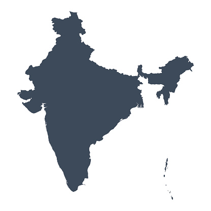 A graphic illustrated vector image showing the outline of the country India. The outline of the country is filled with a dark navy blue colour and is on a plain white background. The border of the country is a detailed path. 