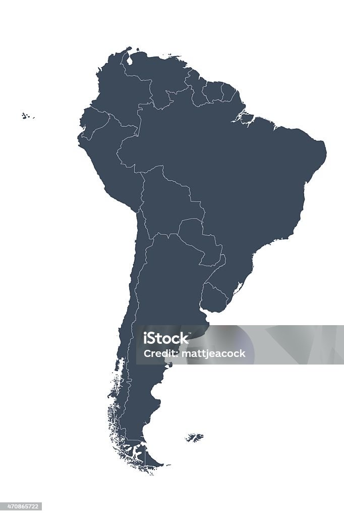 South America map A graphic illustrated vector image showing the outline of South America . The outline of the country is filled with a dark navy blue colour and is on a plain white background. The border of the country is a detailed path.  2015 stock vector