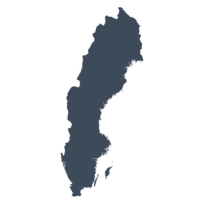 A graphic illustrated vector image showing the outline of the country Sweeden. The outline of the country is filled with a dark navy blue colour and is on a plain white background. The border of the country is a detailed path. 