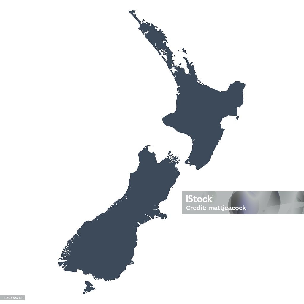 Illustrated map of the country of New Zealand. A graphic illustrated vector image showing the outline of the country New Zealand. The outline of the country is filled with a dark navy blue colour and is on a plain white background. The border of the country is a detailed path.  New Zealand stock vector