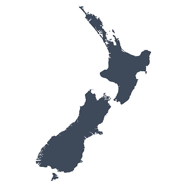 A graphic illustrated vector image showing the outline of the country New Zealand. The outline of the country is filled with a dark navy blue colour and is on a plain white background. The border of the country is a detailed path.