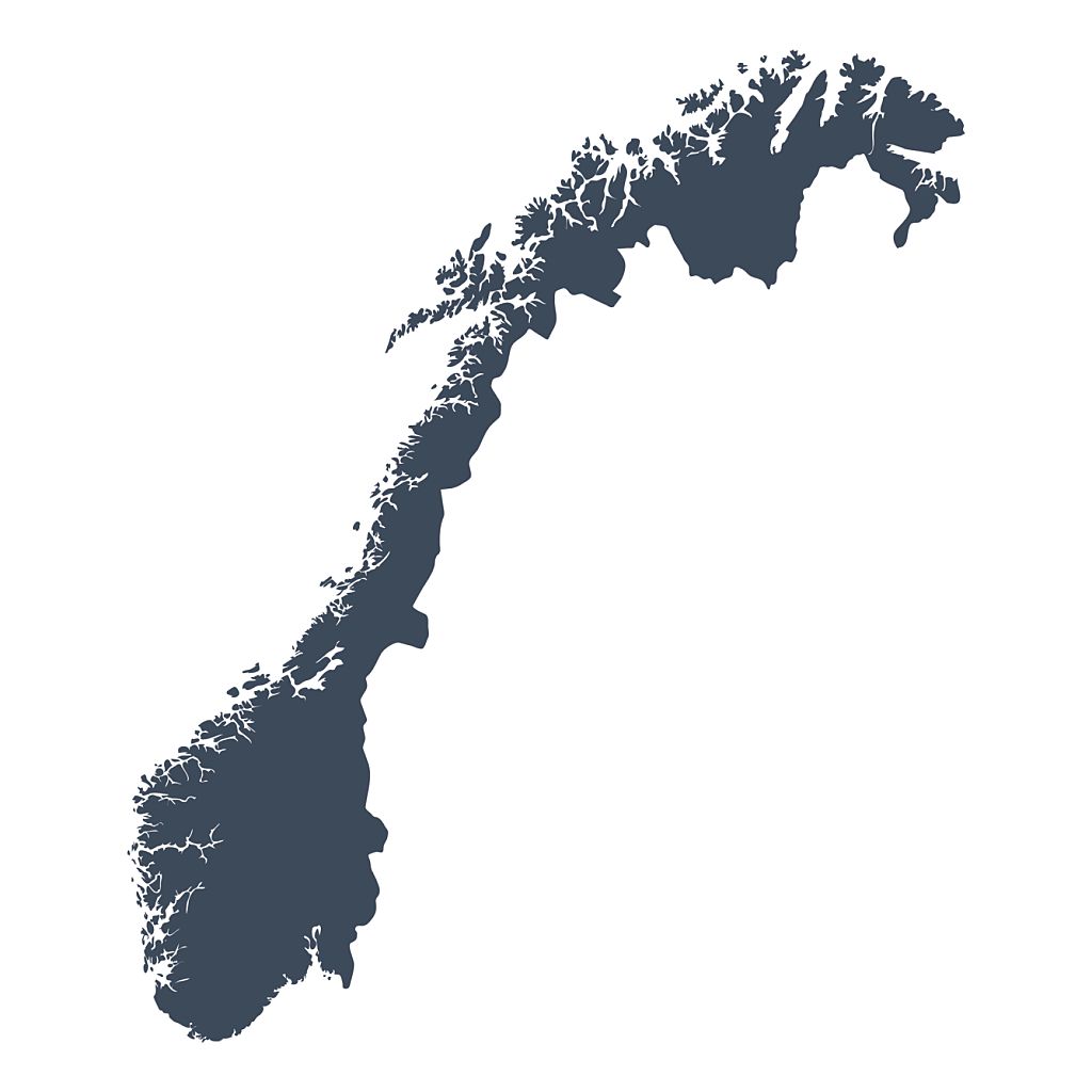 A graphic illustrated vector image showing the outline of the country Norway. The outline of the country is filled with a dark navy blue colour and is on a plain white background. The border of the country is a detailed path. 