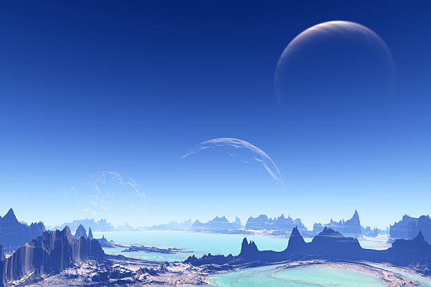 istock 3D rendered fantasy alien planet. Rocks and lake 470866046