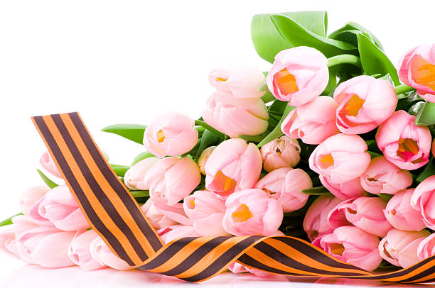 George ribbon and pink tulips stock photo