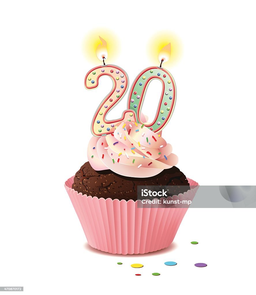 Birthday cupcake with frosting and two candles to form 20 Vector Illustration 20-24 Years stock vector