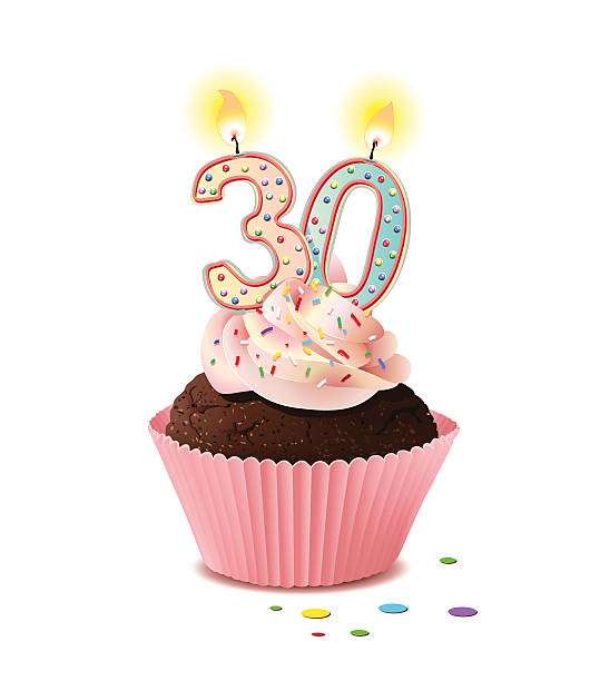 ilustraciones, imágenes clip art, dibujos animados e iconos de stock de magdalena con glaseado de cumpleaños con velas número 30 - kunst