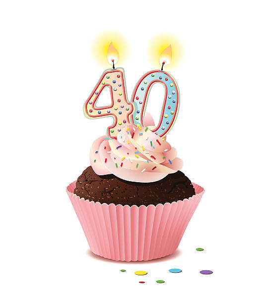 illustrazioni stock, clip art, cartoni animati e icone di tendenza di compleanno cupcake con candela numero 40 - numero 40