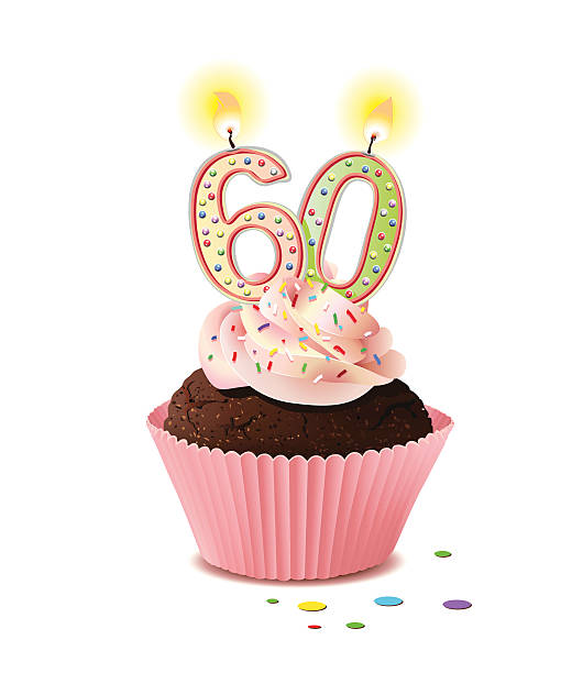 ilustrações, clipart, desenhos animados e ícones de cupcake de aniversário com velas no número 60 - cupcake chocolate icing candy
