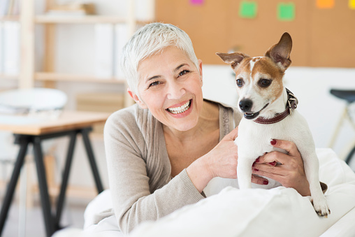 Beautiful mature woman with her dog Jack Russel terrier