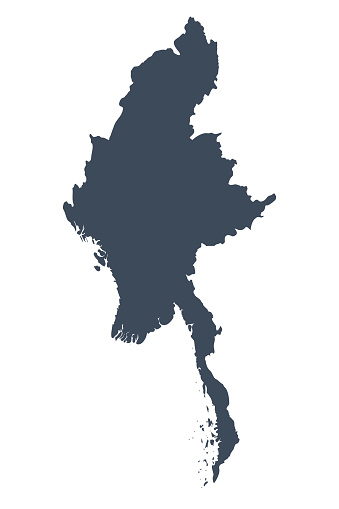 A graphic illustrated vector image showing the outline of the country Burma. The outline of the country is filled with a dark navy blue colour and is on a plain white background. The border of the country is a detailed path. 