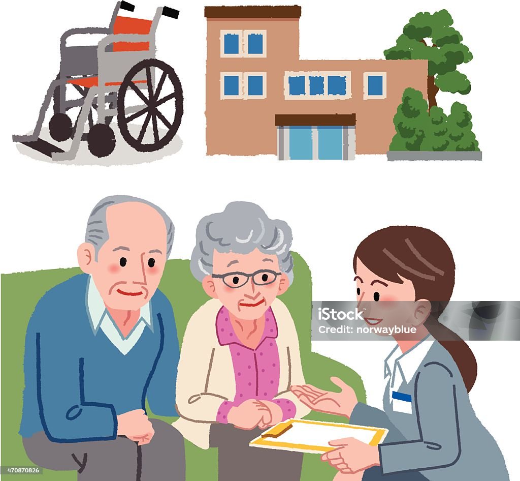 老夫婦が高齢者介護支援専門員と相談します。 - イ��ラストレーションのロイヤリティフリーベクトルアート