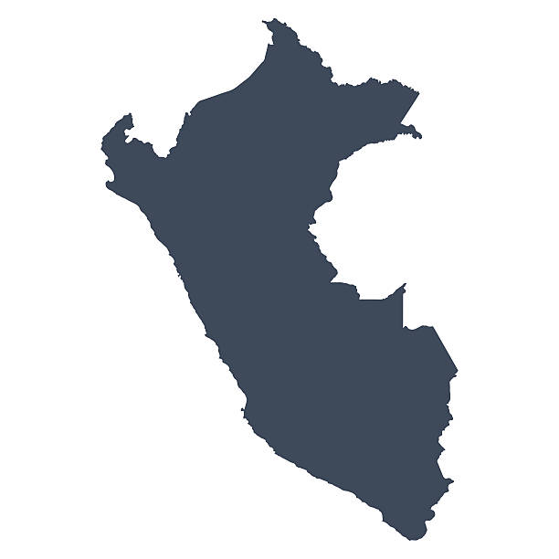 A graphic illustrated vector image showing the outline of the country Peru. The outline of the country is filled with a dark navy blue colour and is on a plain white background. The border of the country is a detailed path. 