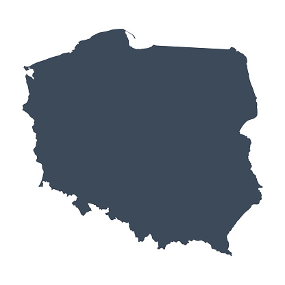 A graphic illustrated vector image showing the outline of the country Poland. The outline of the country is filled with a dark navy blue colour and is on a plain white background. The border of the country is a detailed path. 